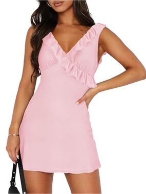 Pink Ruffle Mini Dress Sleeveless V Neck Flowy Fit Size L NWT